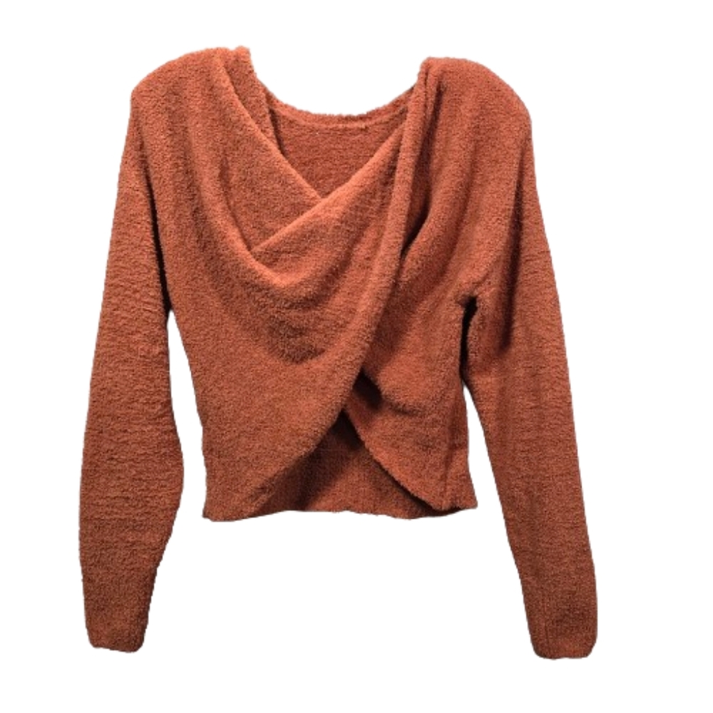 Almost Famous Cozy Knit Sweater, V-neck Cross Front, Slouch, Burnt Orange, Small